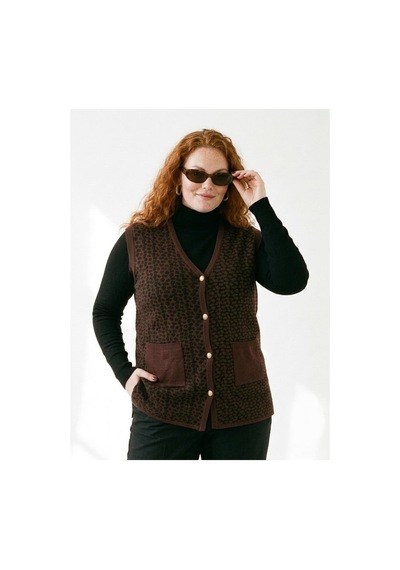 Onno Style Women Büyük Beden Çelik Örgü Klasik Leopar Desen Triko Kadın Yelek Bordo