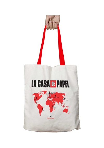 Art Hediye Kırmızı Kulplu La Casa De Papel Dünya Haritası Yıkanabilir Omuz Çanta Çok Renkli