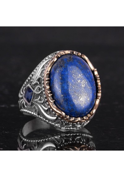 Gerçek Doğal Taş Yüzük - 925 Ayar Gümüş El Yapımı Yüzük Lapis Lazuli Gümüş