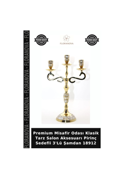 Premium Misafir Odası Klasik Tarz Salon Aksesuarı Pirinç Sedefli 3'lü Şamdan 18912 Çok Renkli