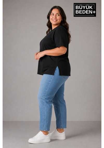 Superlife Büyük Beden Kadın Bisiklet Yaka Yırtmaç Detaylı 3xl-6xl Tunik Tişört Spr26btsk501 Siyah