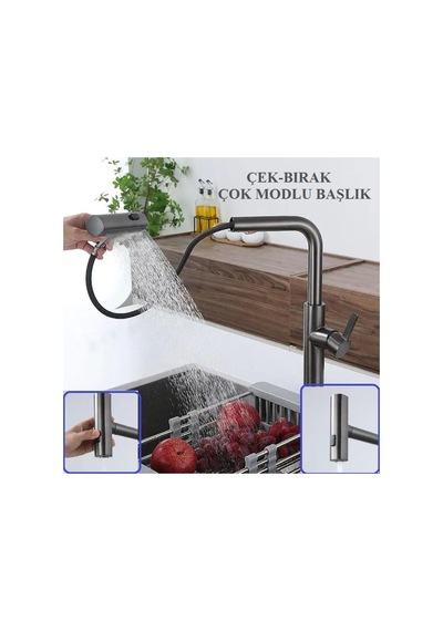 Rena Design Çok Modlu Antrasit Mutfak Evye Bataryasi Spiralli Çek Birak Başlik Yağmurlama Anrasit