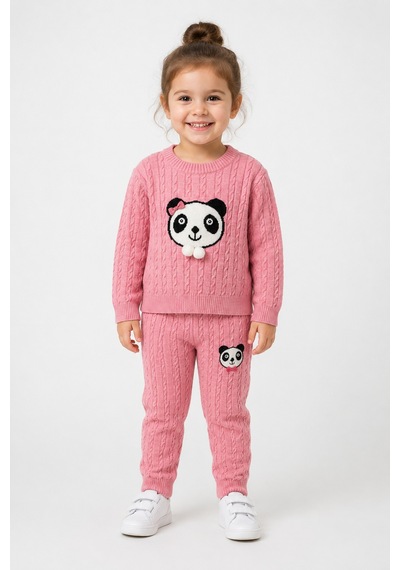 Babyhola 1-5 Yaş Kız Çocuk Panda Desenli Saç Örgü Kışlık Triko Takım 23217 Fuşya