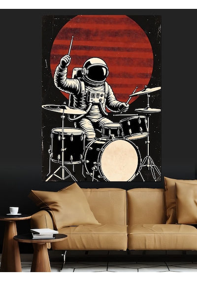 Ahşap Tablo Ay Önünde Bateri Çalan Astronot Çiçek Resimli Tablolar