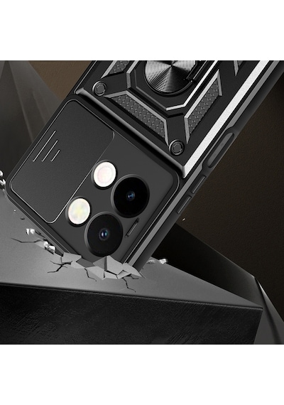 Vivo Y28 Kılıf Magnetik Standlı Kamera Korumalı Zore Sürgülü Vega Kapak Siyah
