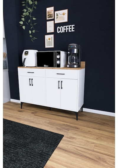 Df14103 Kahve Köşesi Dolabı Çok Amaçlı Mutfak Konsolu Çekmeceli Kapaklı Mutfak Dolabı Coffee Bar Beyaz-çam Çok Renkli