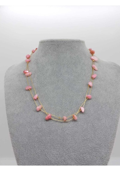Gold Doğal Taşlı Zincirli Kolye 312 -  Pembe