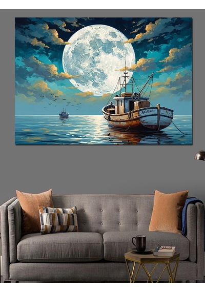 Ahşap Tablo Gece Denizde Ay Ve Tekne İnsan Figürlü Tablolar