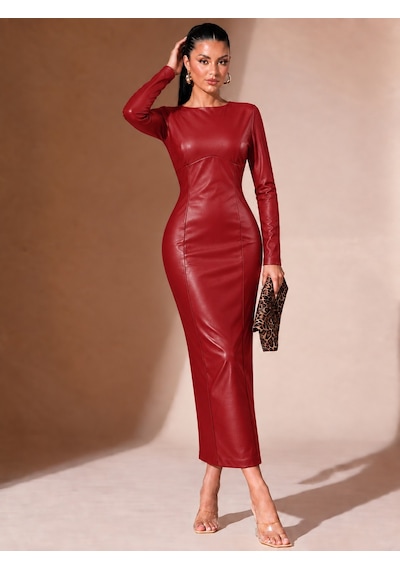 Bhrwear Kadın Uzun Kollu Kayık Yakalı Uzun Dar Kesim Deri Elbise Renkli