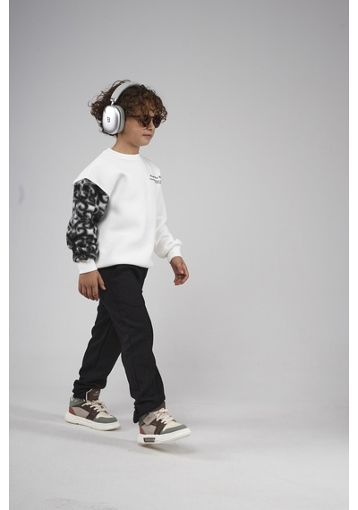 King-Brich Kingbrich Kids Bisiklet Yaka Kolu Garnili Baskılı Çocuk Sweatshirt Ekru