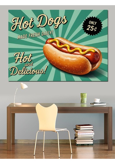 Hot Dog Sloganlı Sosisli Görselli Retro Afiş Dekoratif Kanvas - Mdf Ahşap Tablo
