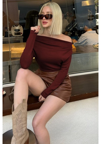 Seeh Koyu Bordo Kadın Off Shoulder Uzun Kollu Bluz Sh327