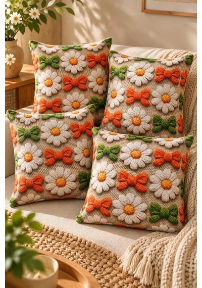 4'lü Set Çiçekli Dekoratif Kırlent Kılıfı 43x43 Cm, 3d Efektli Dijital Baskılı - Papatya Demeti Çok Renkli