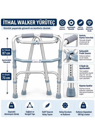 Katlanabilir Walker Yürüteç Ayarlanabilir Yükseklik 73-87 Cm Alüminyum Gövde 180 Kg Taşıma Kapasitesi