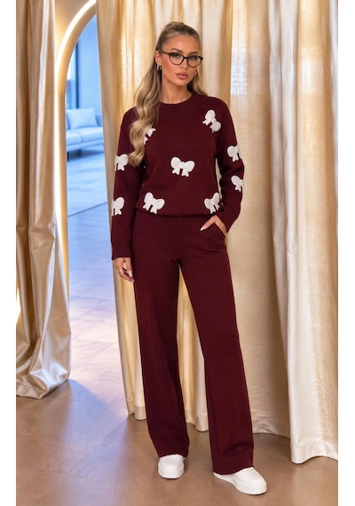 Elora Atelier Bordo Fiyonk İşlemeli Tiriko Takım