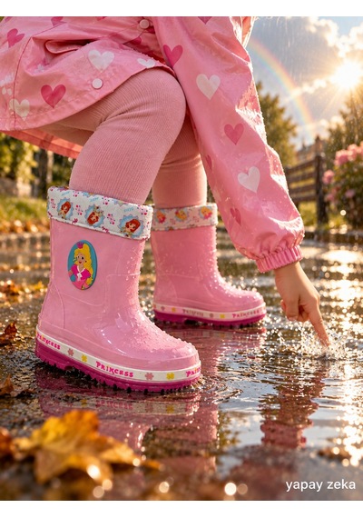 Mini Bonito Kız Çocuk Prenses Desenli İçi Astarlı Kaymaz Tabanlı Kışlık Yağmur Çizmesi Beyaz/pembe
