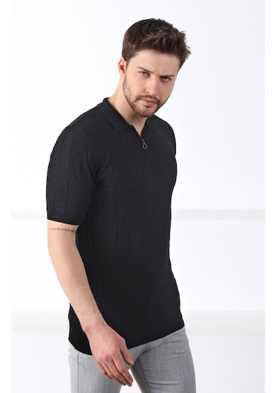 Ferraro Siyah Polo Yaka Fermuarlı Erkek Pamuk Triko T-Shirt-Siyah (417942614) Siyah