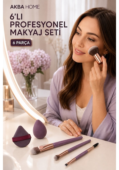 6 Lı Profesyonel Makyaj Fırça Seti Kabuki Fondöten Far Kaş Fırçası Sünger Ve Pudra Pufu