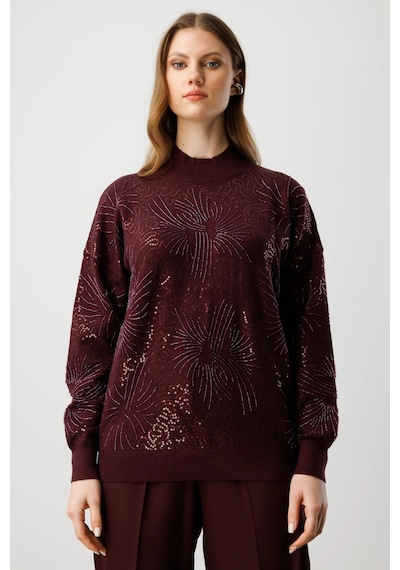 On Fashion Kadın Sıfır Yaka Önü Taşlı Bordo Triko Kazak 60323 Bordo