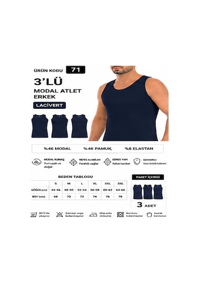 Yıldız Çamaşır Erkek Modal Likralı Askılı Atlet 70-71-72-73-74 - 3 Adet Lacivert