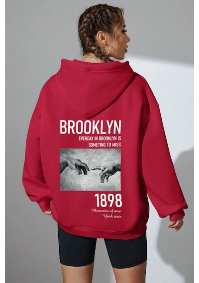 Uyguntarz Unisex Oversize 1898 Brooklyn Baskılı Sweatshirt Kırmızı