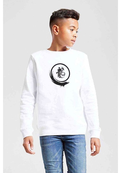 Tshirthane Silhouette Dragon Logo Baskılı Unisex Çocuk Beyaz Sweatshirt Beyaz