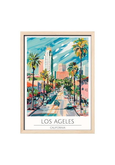 Los Angeles California Travel Poster Ahşap Çerçeveli Dekoratif Duvar Tablosu Ahşap 01