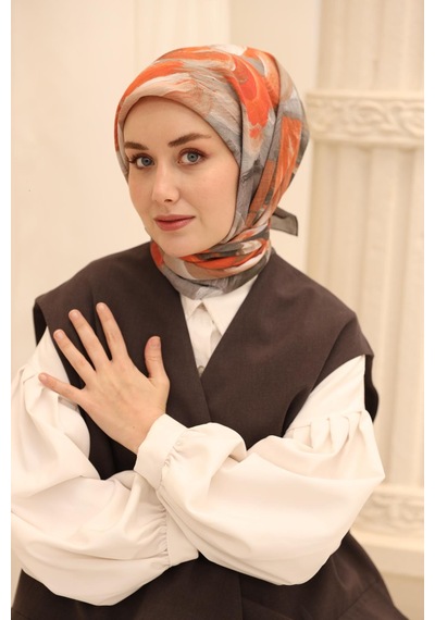 Silk Home Olinda İpek Eşarp 47001-26 Antrasit, Gri, Turuncu, Kiremit, Mor