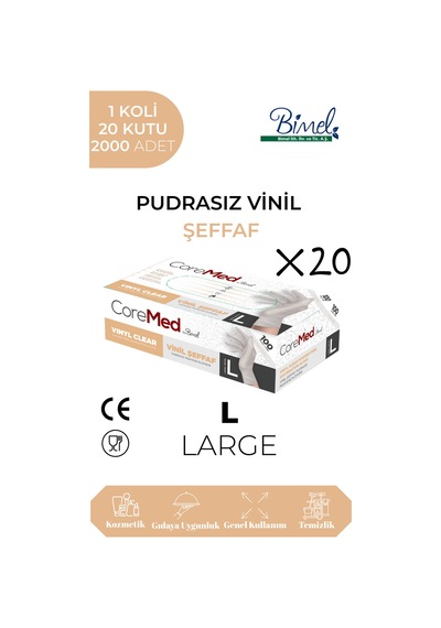 Vinil Şeffaf Pudrasız Muayene Eldiveni L - 1 Koli-20 Paket-2000'li