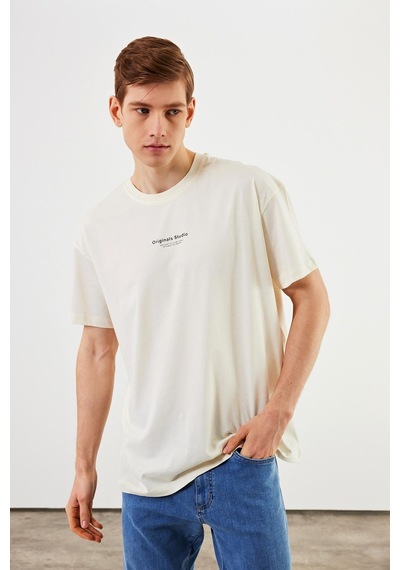 Leo Erkek Oversize Tshirt %100 Pamuk Bisiklet Yaka Baskı Detaylı Basic Tişört Mtlce81 Ekru
