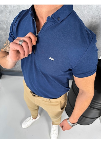 Modefendi Pamuk Likra Slim Fit Kalıp Bebe Yaka Fermuarlı Tshirt Lacivert