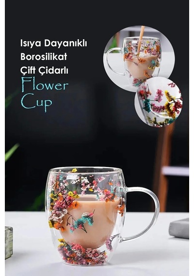 2'li Çiçekli Bardak Kulplu Isıya Dayanıklı Borosilikat Çift Çidarlı Flower Kahve Sunum Bardağı Çiçekli