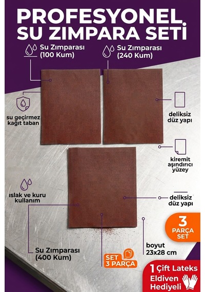 23x28 Cm Su Zımparası Seti 100 240 400 Kum 3 Parça Islak Kuru Yüzey Zımparası + Eldiven