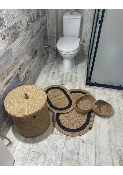 Jüt Hasır 5li Banyo Seti - Siyah Çizgili Siyah