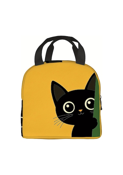 Valkyrie 304 Paslanmaz Çelik Çocuk Beslenme Kabı Kedili Termal Çantalı 2 Bölmeli Lunch Box Yemek Kabı Sarı