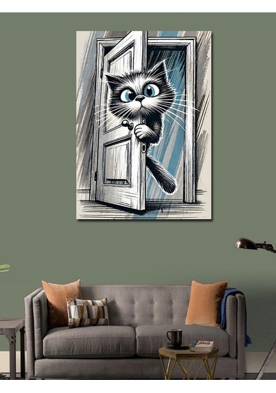 Kanvas Tablo Meraklı Kedi Ve Kapı Sürprizi 50cmx70cm