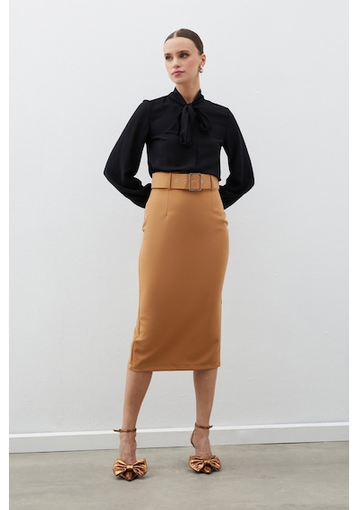 Sateen Kemerli Kalem Etek - Camel-132464 Camel