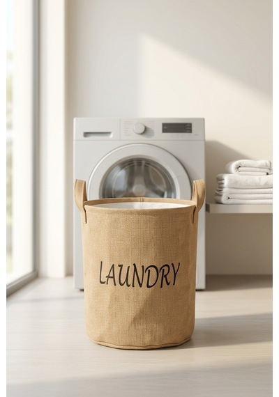 Çamaşır Sepeti Kumaş Kulplu Jüt Kumaş Katlanabilir Laundry Yazılı Bej Renk Açık Kahverengi
