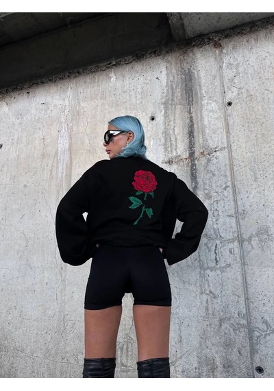 Oversize Üç İplik Bisiklet Yaka Baskılı Sweatshirt - Siyah Siyah