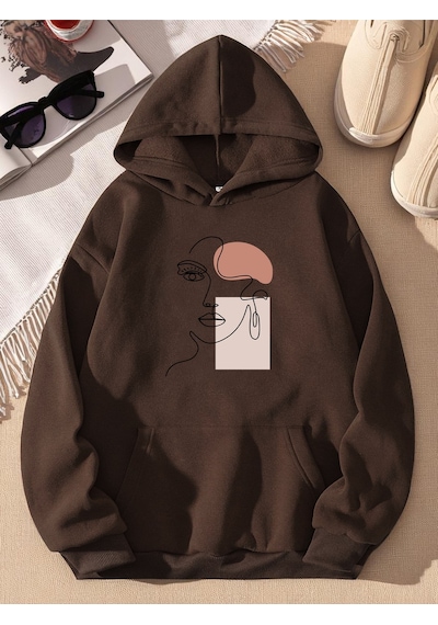 Uyguntarz Silüet Baskılı Oversize Sweatshirt Kahverengi