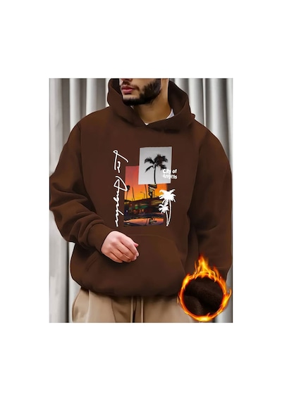 Medinenur Los Angeles Baskılı Kapüşonlu Sweatshirt Kahverengi