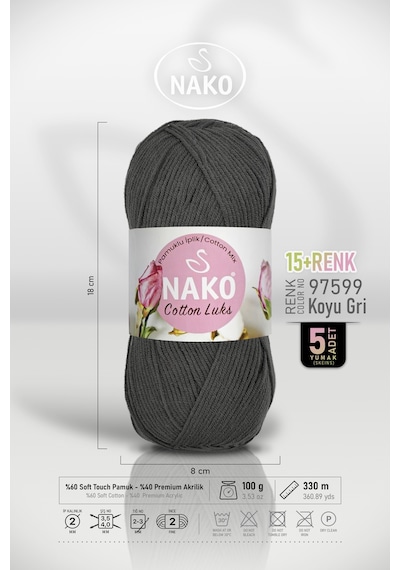 Cotton Lüks - 97599 Koyu Gri - 5'li Paket - 100gr/330m - Pamuklu Hırka Yelek Amigurumi İpi