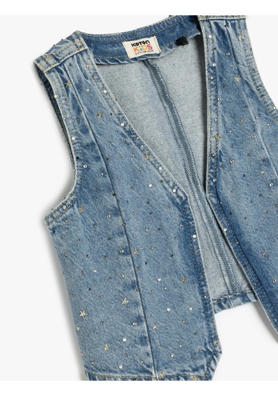 Koton Yıldız Detaylı V Yaka Kolsuz Pamuklu Denim Yelek Lıght Indıgo 5skg20012ad Açık Mavi