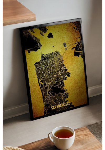 San Francisco Şehir Haritası Siyah Ahşap Çerçeveli Poster, Dekoratif Harita Duvar Tablosu