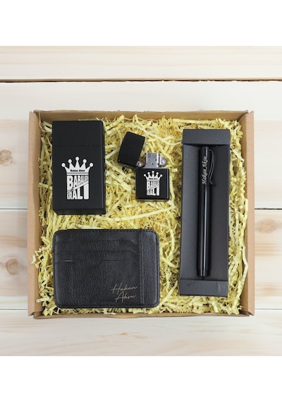 Bk Gift Kişiye Özel İsimli Baba Temalı Siyah Metal Kalem&çakmak&sigara Kutusu&kartlık-cüzdan Hediye Seti, Sevgiliye Hediye-3, Babaya Hediye, Babalar G