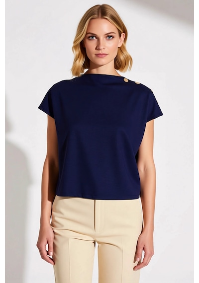 Benerly Kadın Bluz Crop Regular Kalıp Dik Yaka Yarasa Kol Soft Touch Örme Lacivert