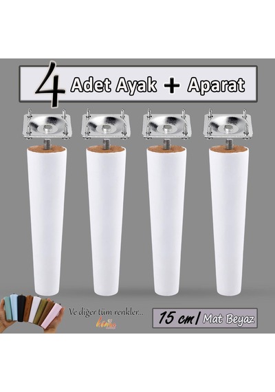 4 Adet Ahşap Ayak 15 Cm Beyaz M8 Civatalı Bağlantı Aparatlı Dolap Mobilya Koltuk Kanepe Destek Ayağı Ayakları Beyaz