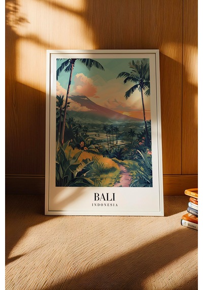 Bali Indonesia Vintage Seyahat Posteri Çerçeveli Tablo - Premium Tropikal Manzaralı Duvar Dekoru Beyaz