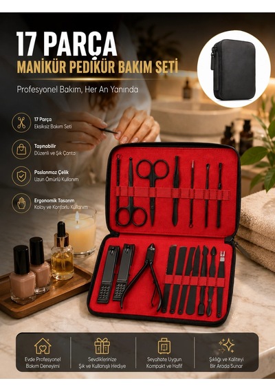 Hubrendy Tekno Paslanmaz Çelik 17 Parça Manikür Pedikür Seti Ve Taşınabilir Şık Çanta