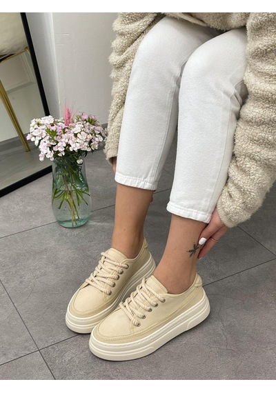 Erva'nın Butiği Ekru Keten Werner Bağcıklı Kadın Sneakers-5358
